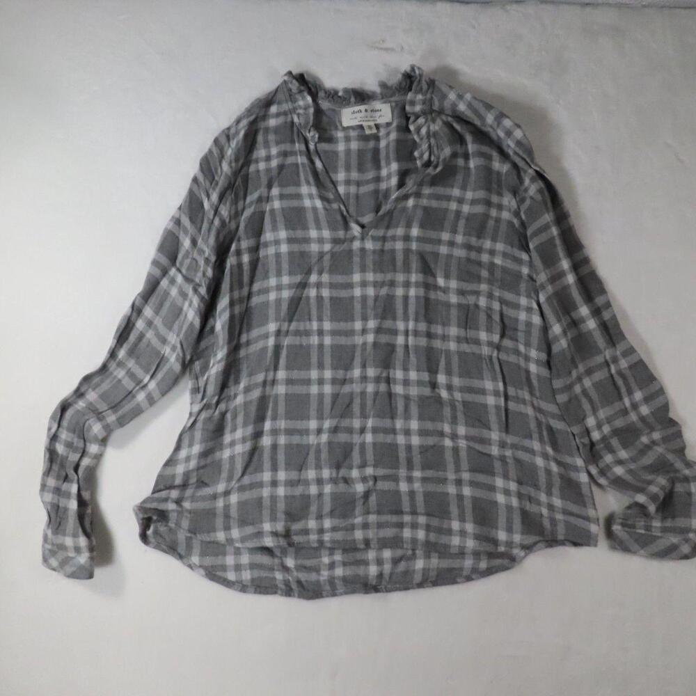 The Cloth & Stone Anthropologie Gray Plaid Metallic Ruffle Neck Blouse Top in Me